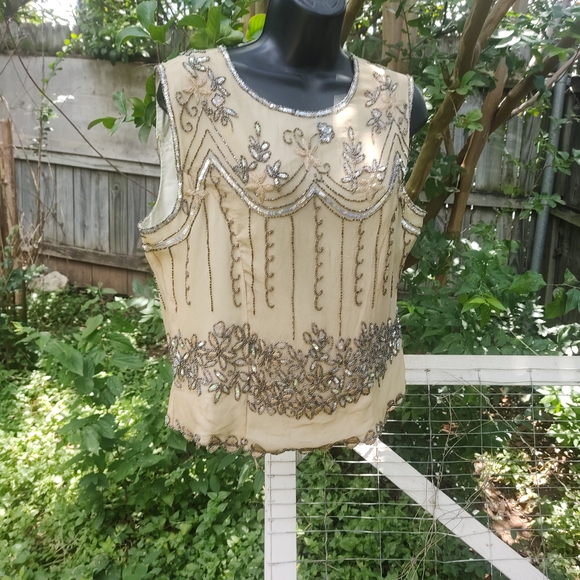 Papell Boutique Beige Beaded Sequin Top - Picture 2 of 7